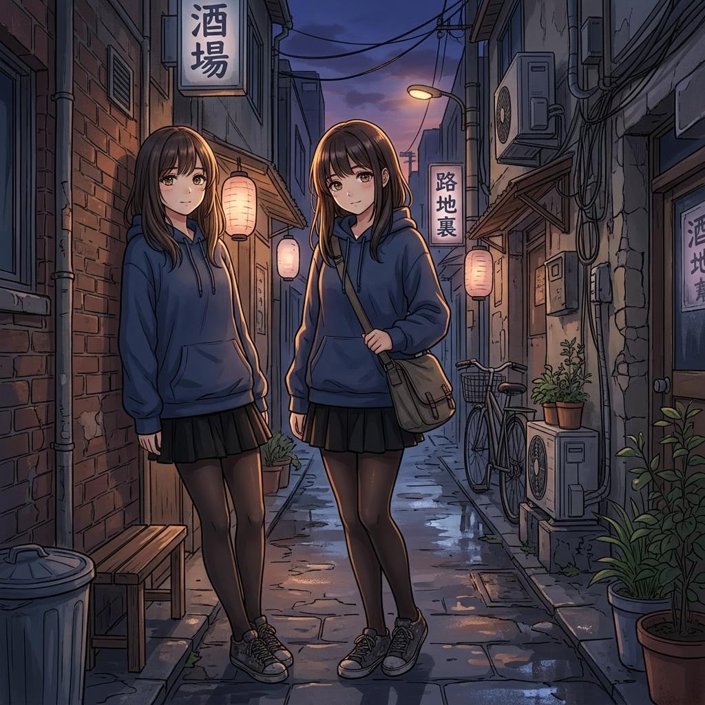 Anime-style character in a dusk alley generated with Nano Banana 2.1
