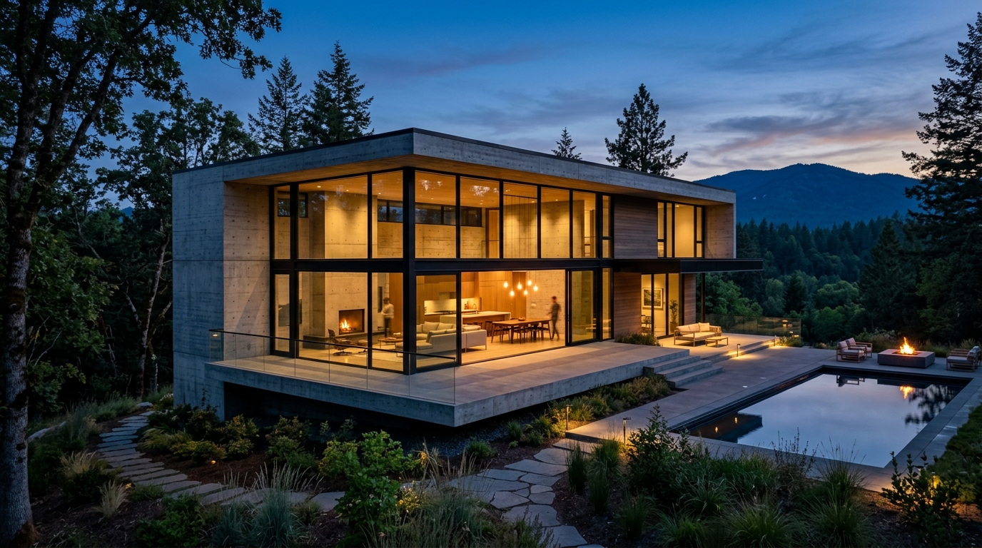 Photoreal modern concrete house at dusk generated with Nano Banana 2.1