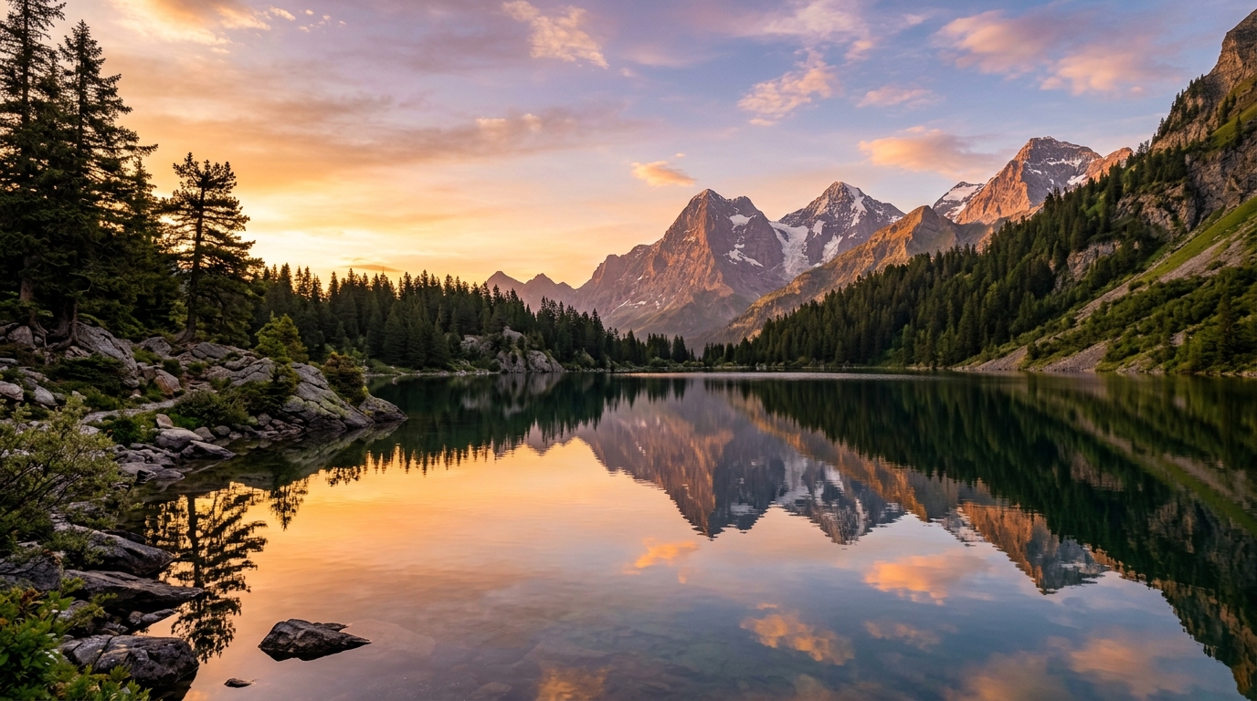 Photoreal golden-hour mountain lake landscape generated with Nano Banana 2.1